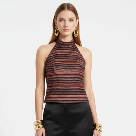 Cache Red Black & Gold Striped Sleeveless Halter Top New 10 - Picture 1 of 11
